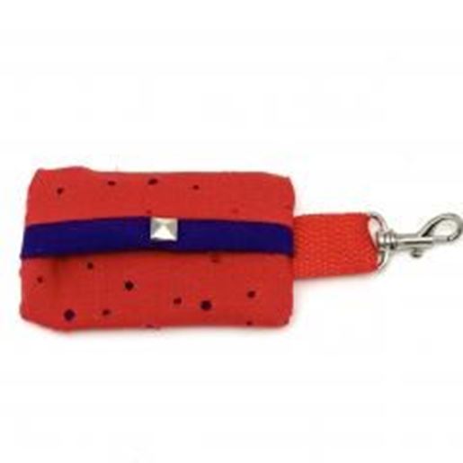 Picture of Red waste bag holder with purple suede lining