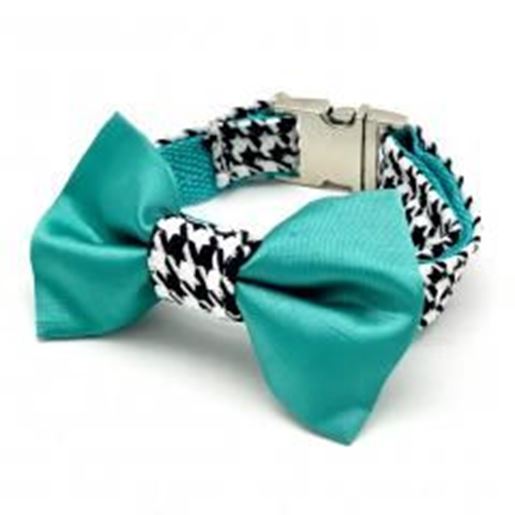 Picture of Satin turquoise houndstooth dog collar & bow tie