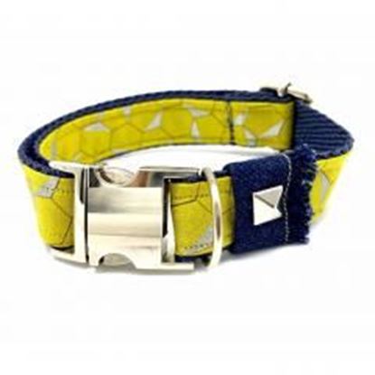 Picture of Mustard honeycomb frayed denim dog collar