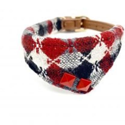 Foto de Harlequin dog collar bandana red and black leather