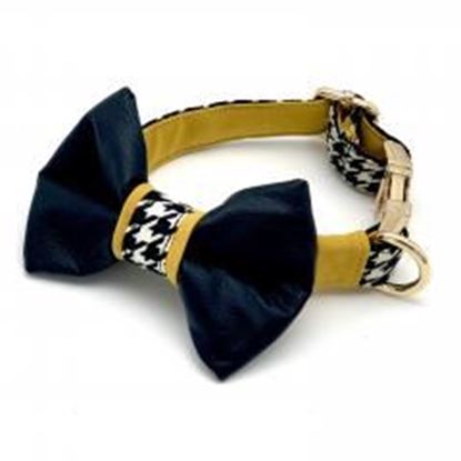 Picture of Genuine leather mustard houndstooth collar & bow tie