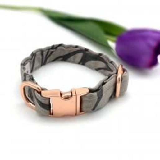 Foto de Silver satin dog collar with rose gold buckle