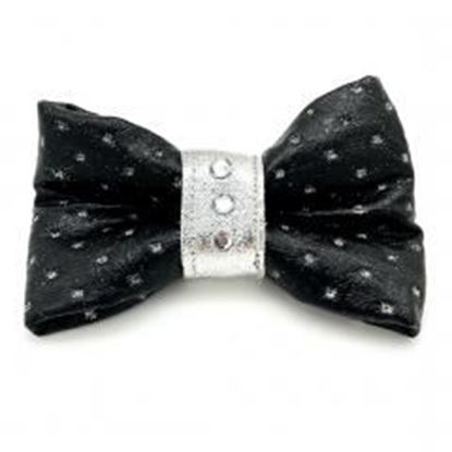 Picture of Shiny Black & silver glitter leather dog bow tie with Swarovski crystals