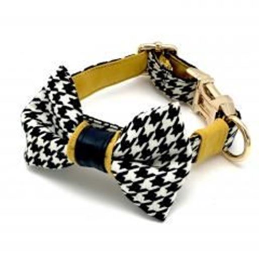 Foto de Houndstooth mustard with real leather accent collar & bow tie