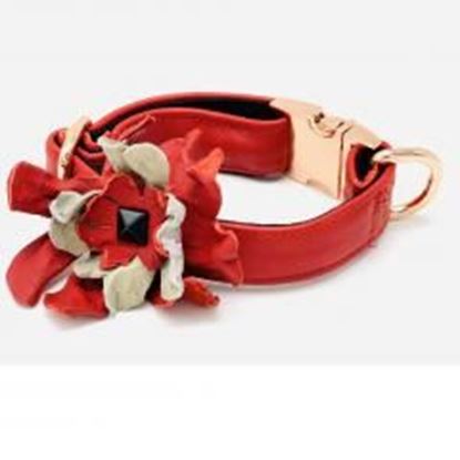 Picture of Red & beige soft leather dog collar flower: Size XS