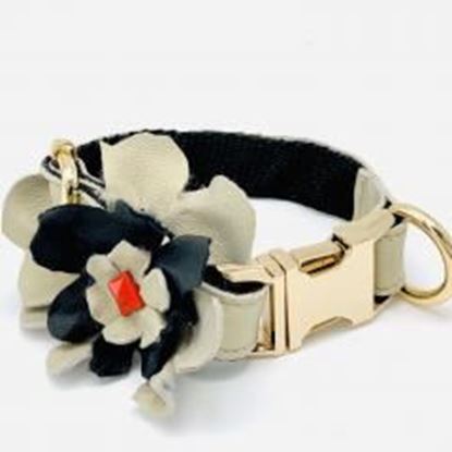 Foto de Beige, black & red soft leather dog collar flower: Size XS