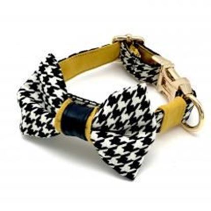 Picture of Houndstooth mustard with real leather accent collar & bow tie