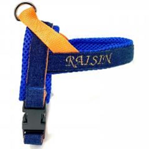 Foto de Personalized orange & navy denim one-click harness