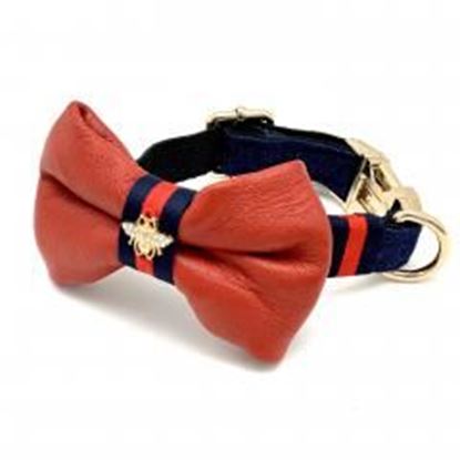 Picture of Genuine red leather & navy denim designer dog collar & bow tie