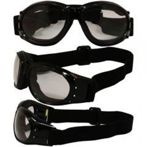 图片 Birdz Eagle Black Frame Motorcycle Goggles with Clear Shatterproof Polycarbonate Lenses and Vented Open Cell Foam