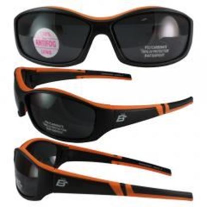 Picture of Birdz Road Runner Head Gripping Riding Glasses with Black Frame and Injected Orange Rubber Trim and Dark Smoke Lenses