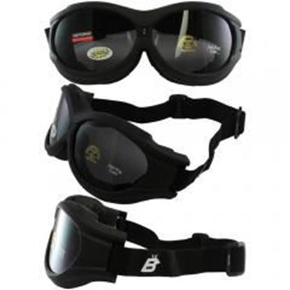 Foto de Birdz Buzzard Black Frame Motorcycle Goggles with Smoke Shatterproof Anti-Fog Polycarbonate Lenses and Vented Open Cell Foam