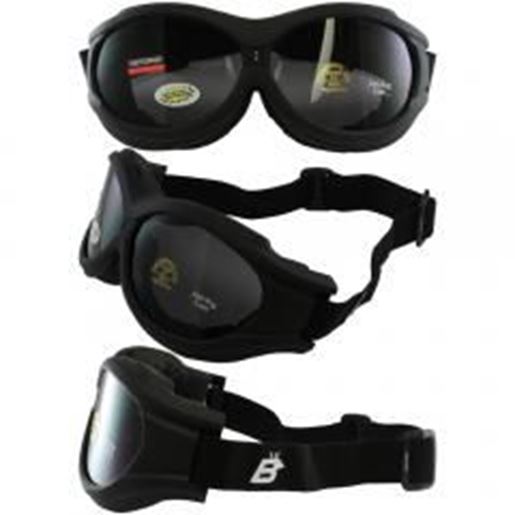 图片 Birdz Buzzard Black Frame Motorcycle Goggles with Smoke Shatterproof Anti-Fog Polycarbonate Lenses and Vented Open Cell Foam