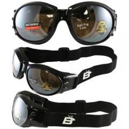 图片 Birdz Eagle Black Frame Motorcycle Goggles with Driving Mirror Shatterproof Anti-Fog Polycarbonate Lenses and Vented Open Cell Foam