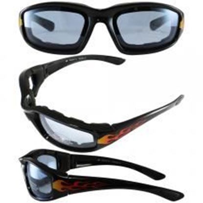 Picture of Birdz Oriole Flame Design Motorcycle Glasses with Blue Shatterproof Anti-Fog Polycarbonate Lenses and Wind Blocking Foam