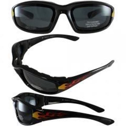 Foto de Birdz Oriole Flame Design Motorcycle Glasses with Smoke Shatterproof Anti-Fog Polycarbonate Lenses and Wind Blocking Foam