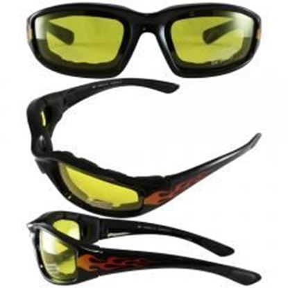 Picture of Birdz Oriole Flame Design Motorcycle Glasses with Yellow Shatterproof Anti-Fog Polycarbonate Lenses and Wind Blocking Foam