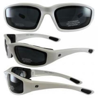 图片 Birdz Oriole White Frame Motorcycle Glasses with Smoke Shatterproof Anti-Fog Polycarbonate Lenses and Wind Blocking Foam