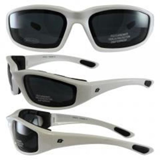 Picture of Birdz Oriole White Frame Motorcycle Glasses with Smoke Shatterproof Anti-Fog Polycarbonate Lenses and Wind Blocking Foam