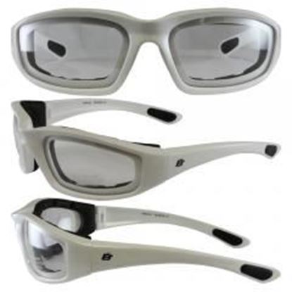 图片 Birdz Oriole White Frame Motorcycle Glasses with Clear Shatterproof Anti-Fog Polycarbonate Lenses and Wind Blocking Foam