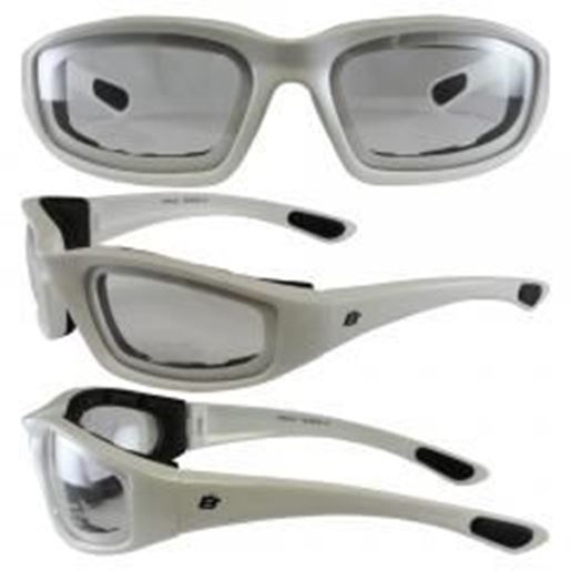 Picture of Birdz Oriole White Frame Motorcycle Glasses with Clear Shatterproof Anti-Fog Polycarbonate Lenses and Wind Blocking Foam