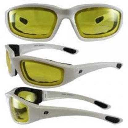 Picture of Birdz Oriole White Frame Motorcycle Glasses with Yellow Shatterproof Anti-Fog Polycarbonate Lenses and Wind Blocking Foam