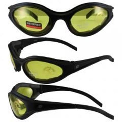 Picture of Birdz Raven Motorcycle Glasses with Yellow Shatterproof Anti-Fog Polycarbonate Lenses and Wind Blocking Foam