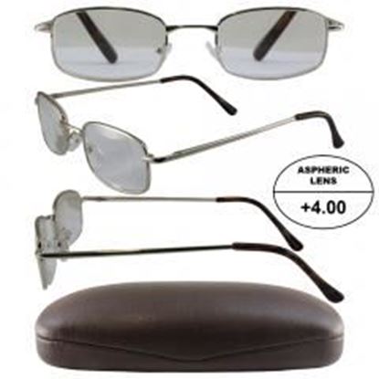 Foto de Men's High-Powered Reading Glasses: Gold Frame and Brown Case +4.00 Magnification Aspheric Lenses