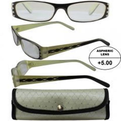 Foto de Women's High-Powered Reading Glasses: Beige and Black Frame and Matching Case +5.00 Magnification Aspheric Lenses