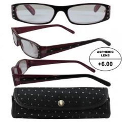 Foto de Women's High-Powered Reading Glasses: Black and Pink Frame and Matching Case +6.00 Magnification Aspheric Lenses