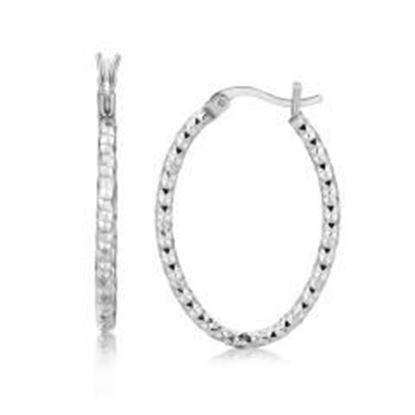 图片 Sterling Silver Rhodium Plated Textured Diamond Cut Oval Hoop Earrings