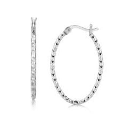 图片 Sterling Silver Rhodium Plated Textured Diamond Cut Classic Hoop Earrings