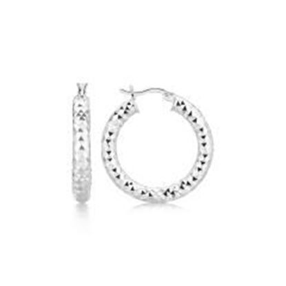 Foto de Sterling Silver Thick Rhodium Plated Faceted Design Hoop Earrings