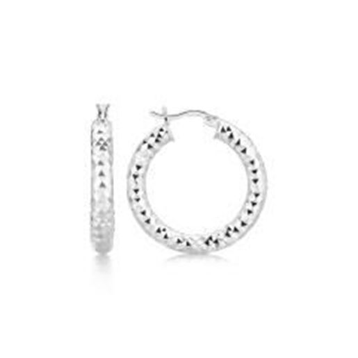 图片 Sterling Silver Thick Rhodium Plated Faceted Design Hoop Earrings