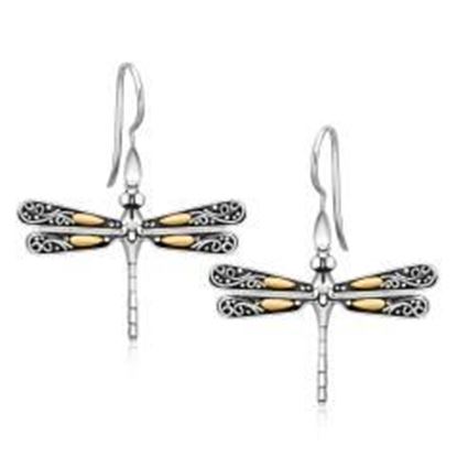 Picture of 18k Yellow Gold and Sterling Silver Dragonfly Motif Drop Earrings