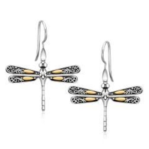 Picture of 18k Yellow Gold and Sterling Silver Dragonfly Motif Drop Earrings