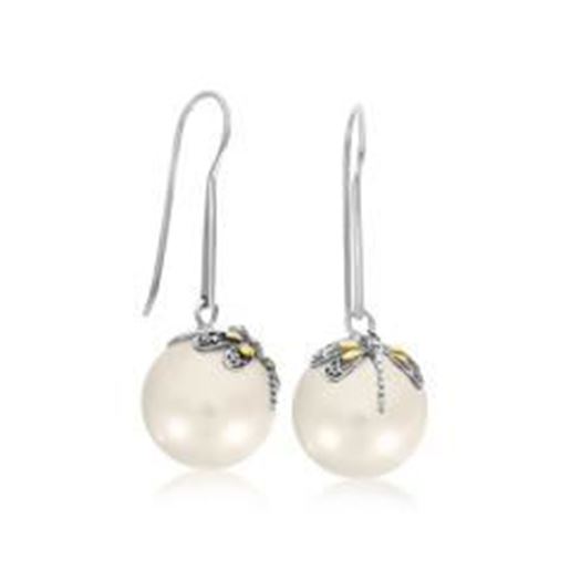 Picture of 18k Yellow Gold & Sterling Silver Shell Pearl Earrings with Dragonfly Accents