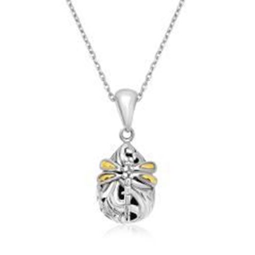 Picture of 18k Yellow Gold & Sterling Silver Dragonfly Motif Baroque Pendant: 18 inches