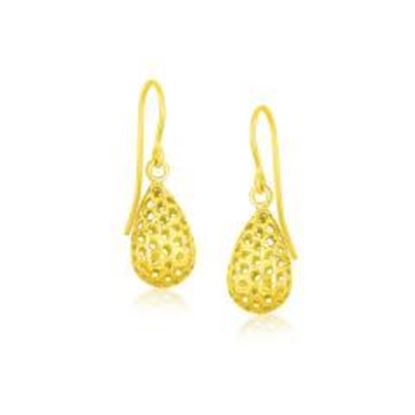 Picture of 14k Yellow Gold Teardrop Drop Earrings with Honeycomb Texture