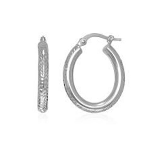 Picture of 14k White Gold Diamond Cut Textured Oval Hoop Earrings.