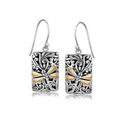 Picture of 18k Yellow Gold and Sterling Silver Dragonfly Designed Rectangular Drop Earrings