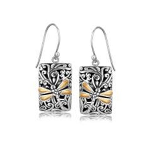 Picture of 18k Yellow Gold and Sterling Silver Dragonfly Designed Rectangular Drop Earrings