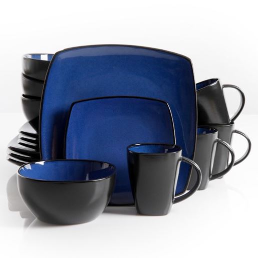 Picture of Gibson Soho Lounge 16 Piece Square Stoneware Dinnerware Set in Blue and Black