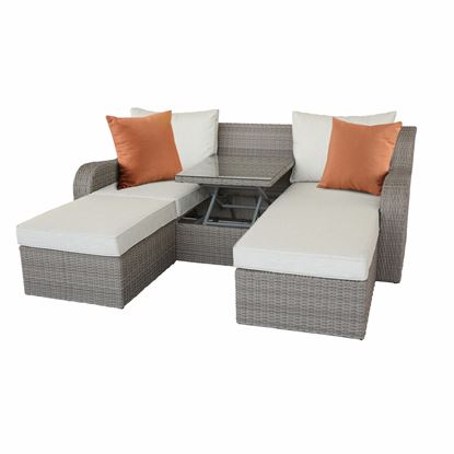 Foto de 82" X 36" X 30" 3Pc Beige Fabric And Gray Wicker Patio Sectional And Ottoman Set