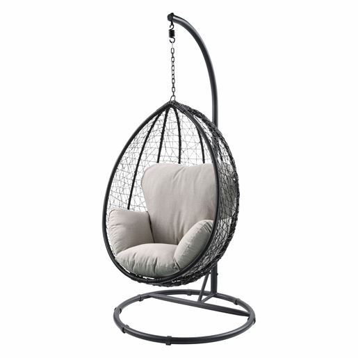 Image sur 38" X 38" X 79" Beige Fabric And Black Wicker Patio Swing Chair With Stand
