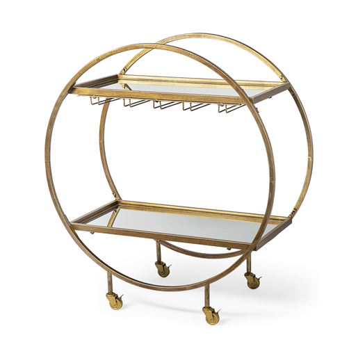 Picture of Circular Chasis Antique Gold Metal With Two Mirror Glass Shelves Bar Cart