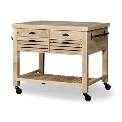 Picture of Light Brown Base Kitchen Island with Black Iron Knobs Rolling