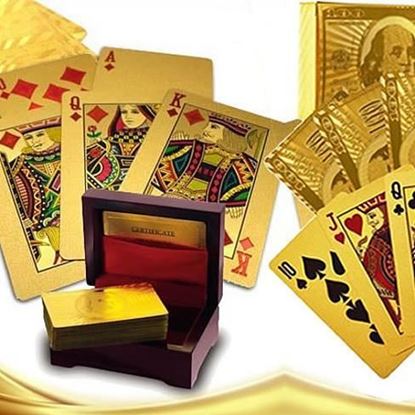 Picture of Our WIN! WIN! 24 kt Gold or Silver Plated playing cards in a laminated Jewel box