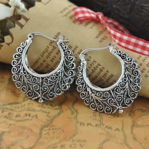 Picture of Silver Tribal look Filigree Hoop Earrings For World Traveller