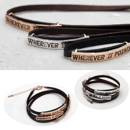 Picture of Follow Your Arrow Genuine Leather Bracelet In Yellow And White Gold Plating